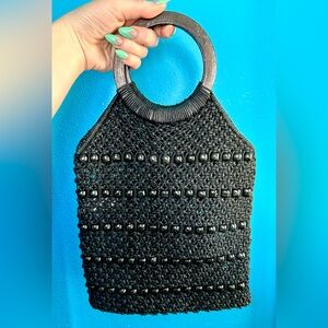 Elizabeth and James Black Wood Beaded Knotted Handbag w/ Wooden Handles